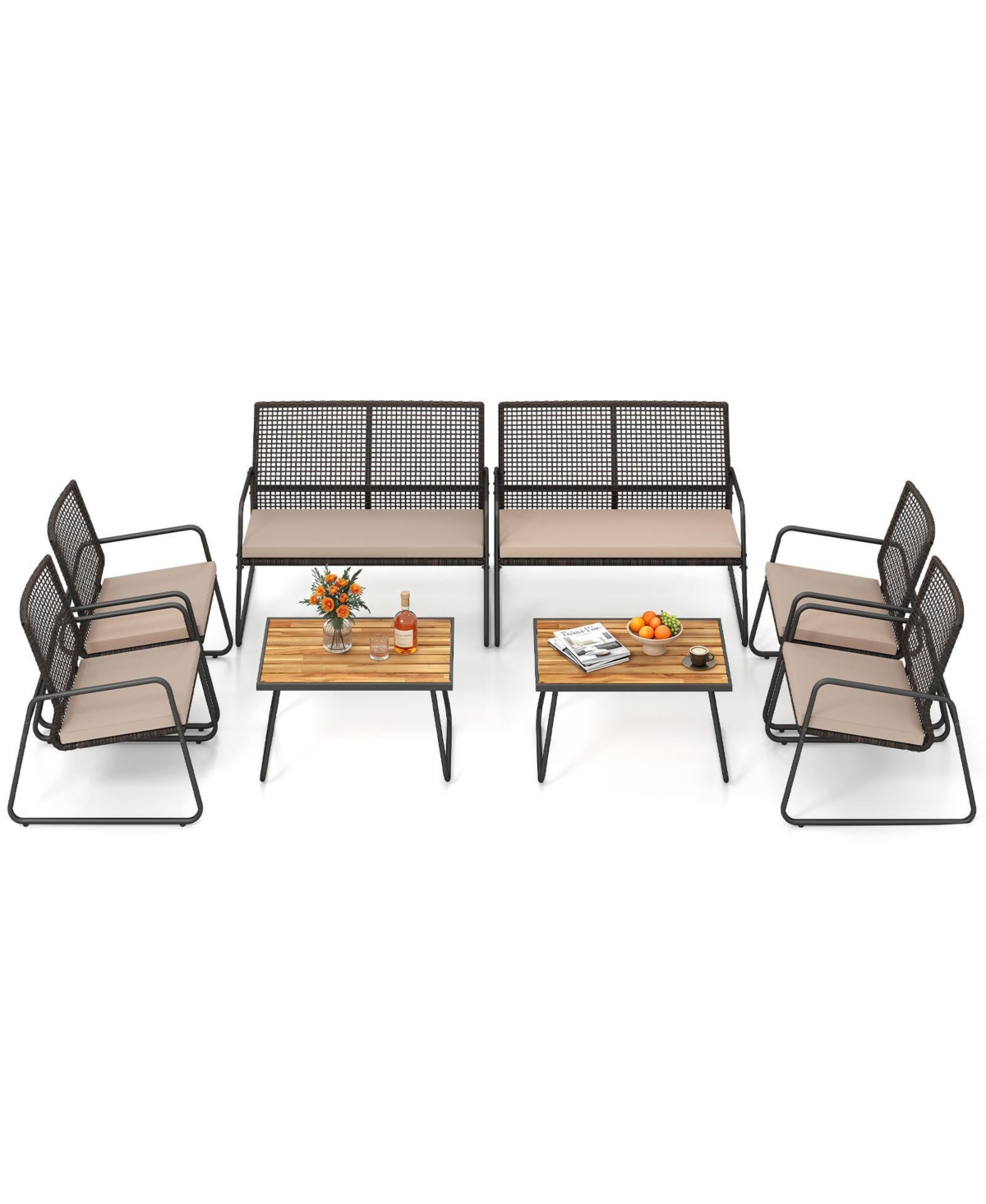 Gymax 8Piece Patio Furniture Set Pe Wicker Rattan Conversation Set with Zippered Cushions - Brown
