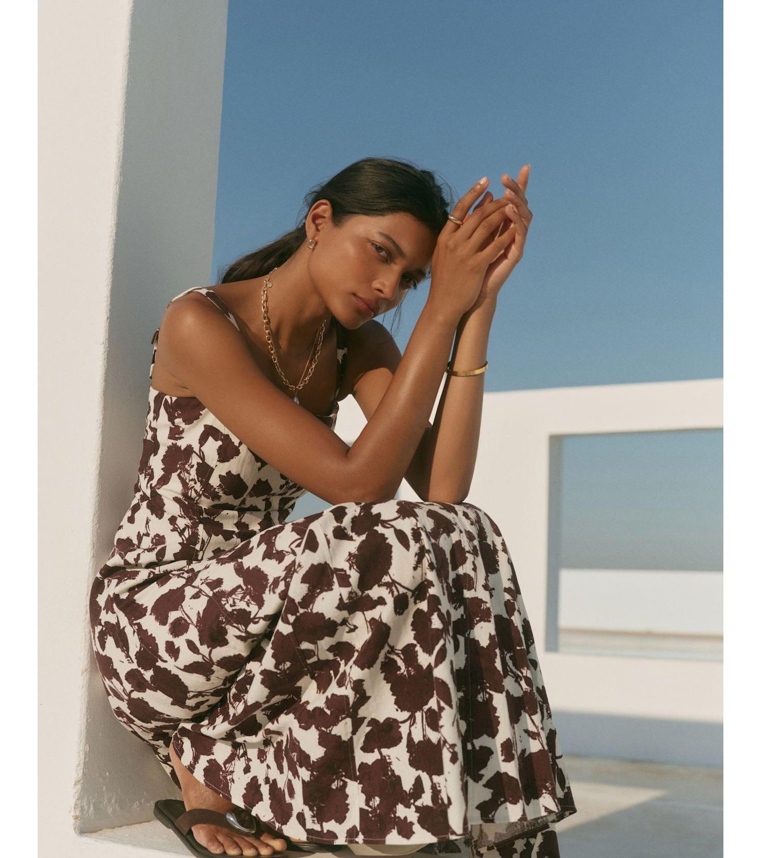 Women's Floral-Print Sleeveless A-Line Linen-Blend Midi Dress