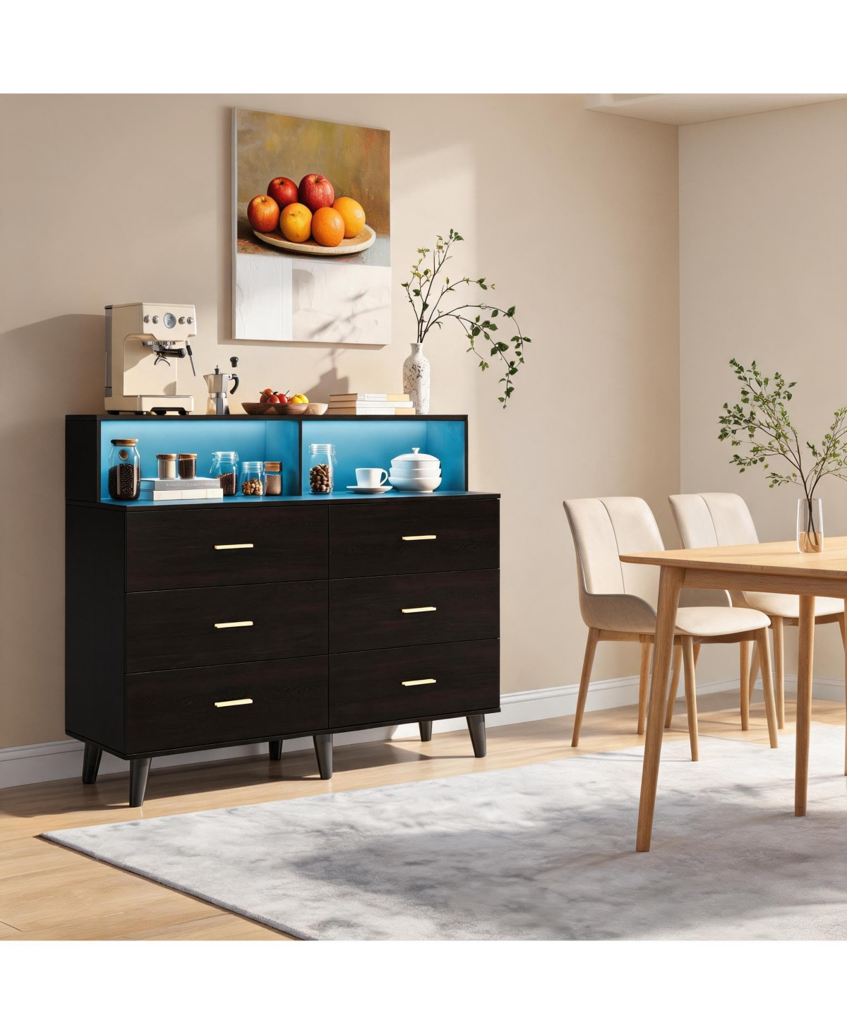 homfan 47.2" Storage Dresser with Power Outlets and Led Light -Floor Cupboard for Living Room, Dining Room