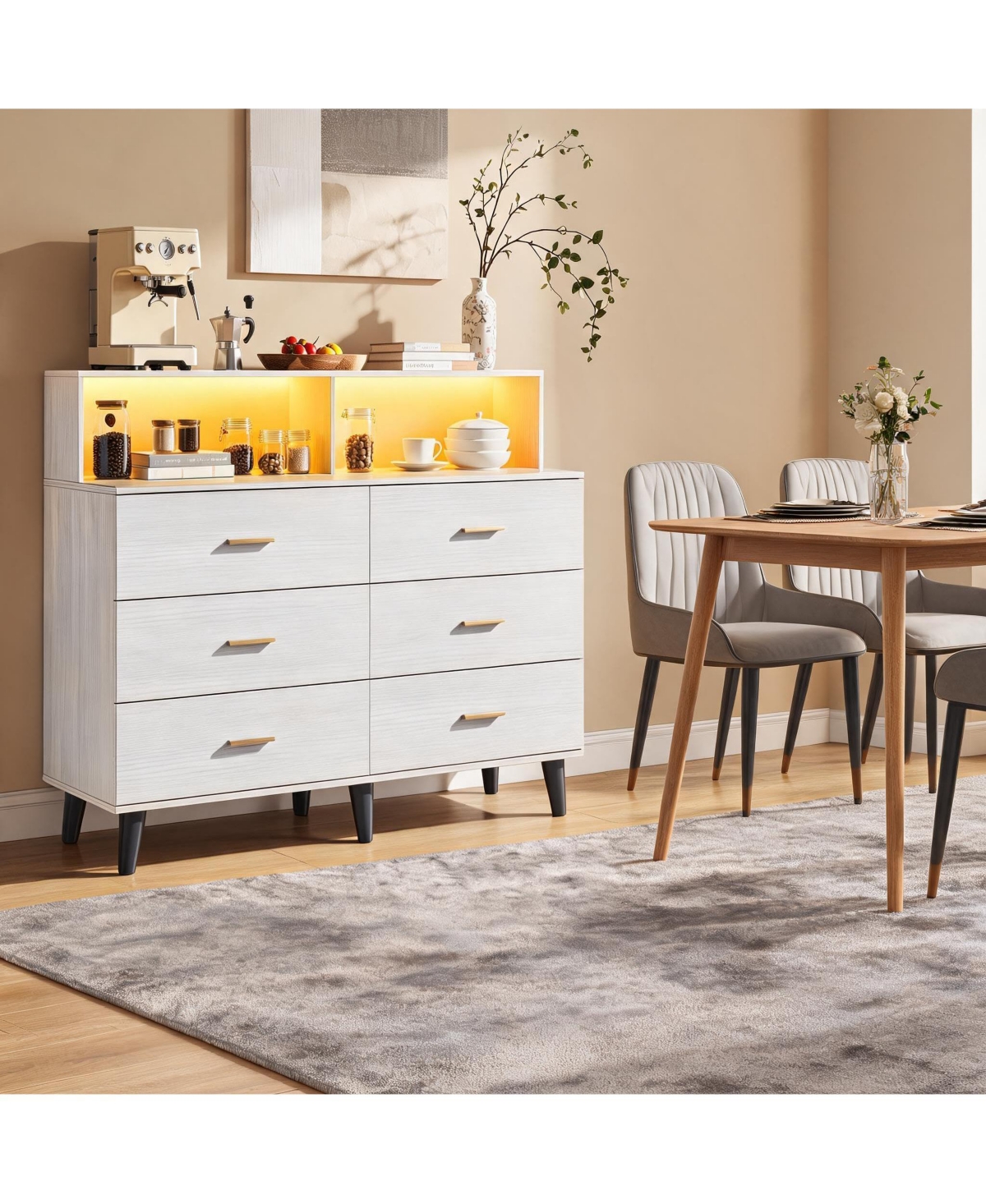 homfan 47.2" Storage Dresser with Power Outlets and Led Light -Floor Cupboard for Living Room, Dining Room