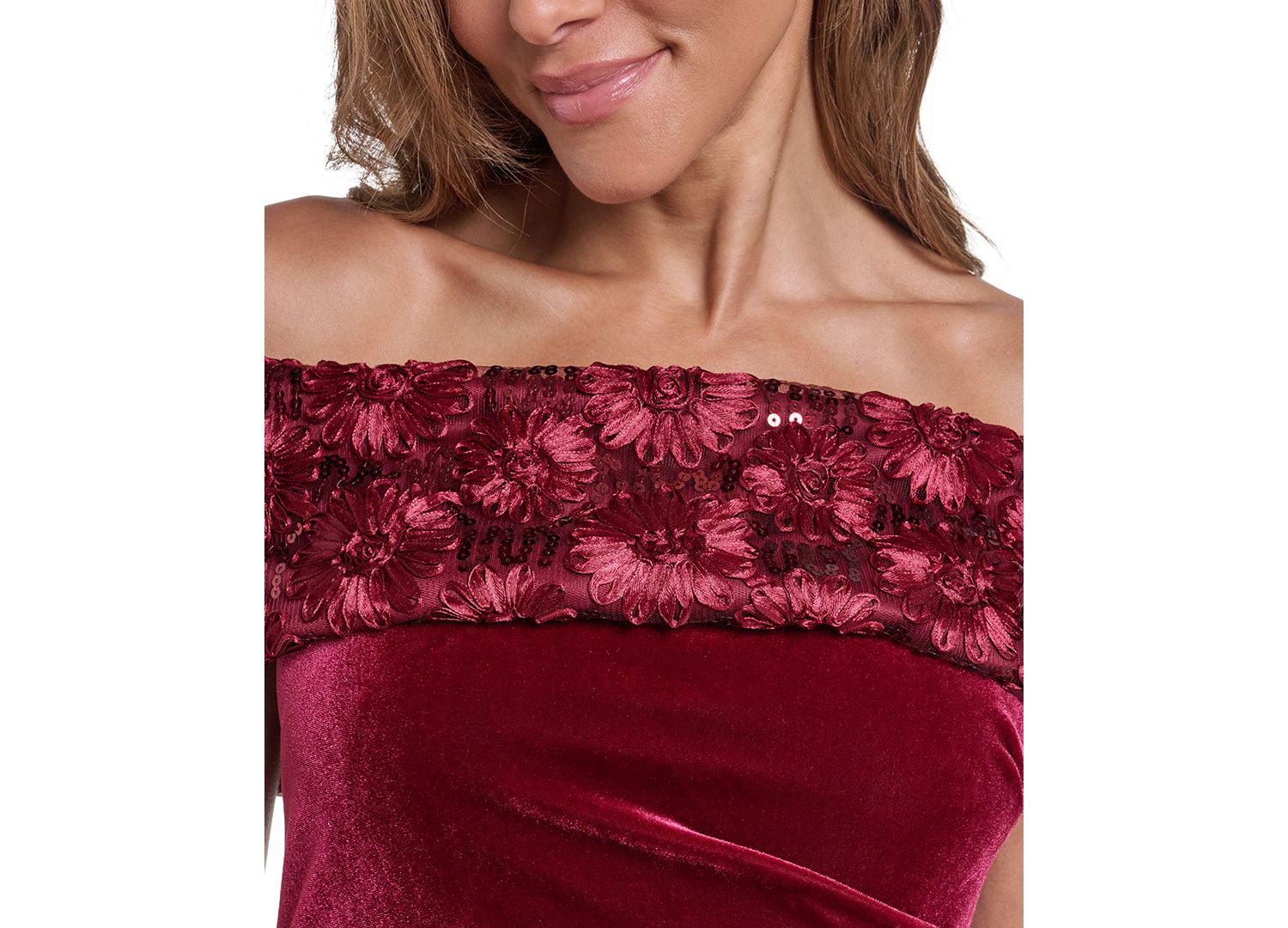 Women's Off the Shoulder Side Tuck Velvet Floral-Applique Sequin Gown