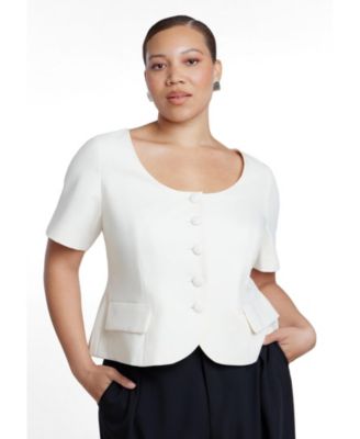 Plus Size Cinched Waist Short-Sleeve Scoop Neck Blazer
