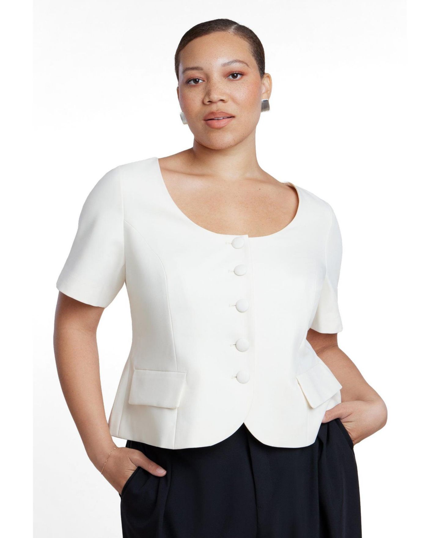 Женский пиджак ELOQUII Plus Size Cinched Waist Short-Sleeve Scoop Neck Blazer, цвет: Кремовый — фото 1