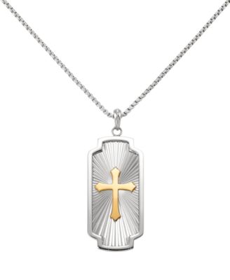 Men's Two-Tone Stainless Steel Box Chain Cross Pendant Necklace