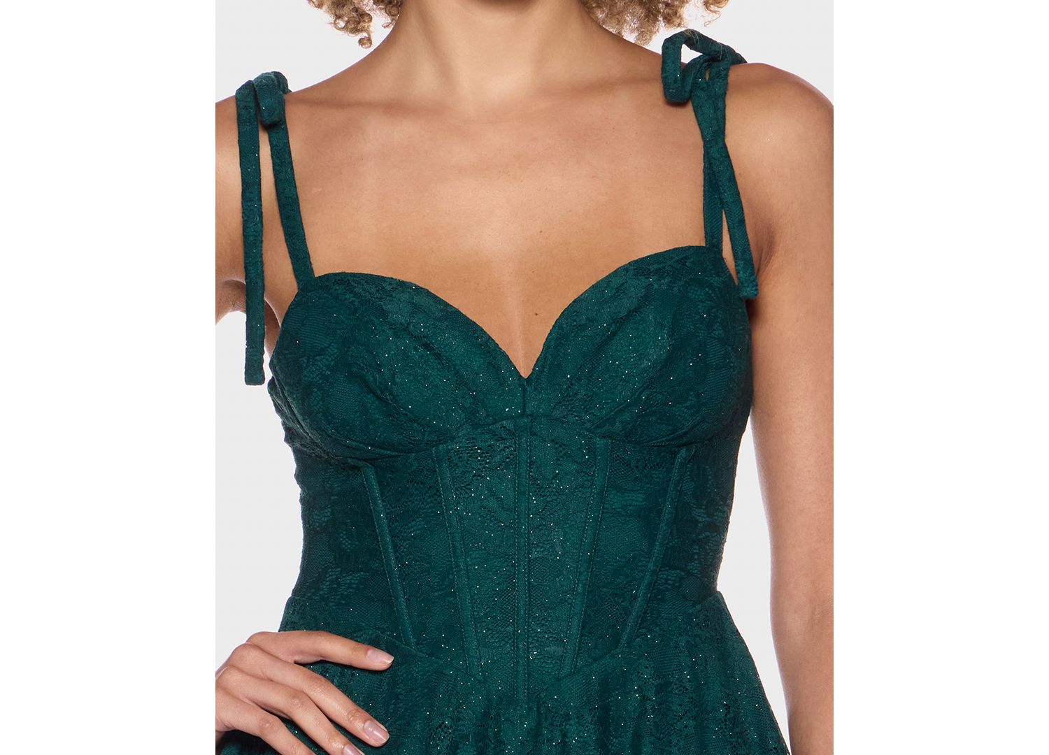 Juniors' Sweetheart Neck Glitter Lace Corset Bodice Dress