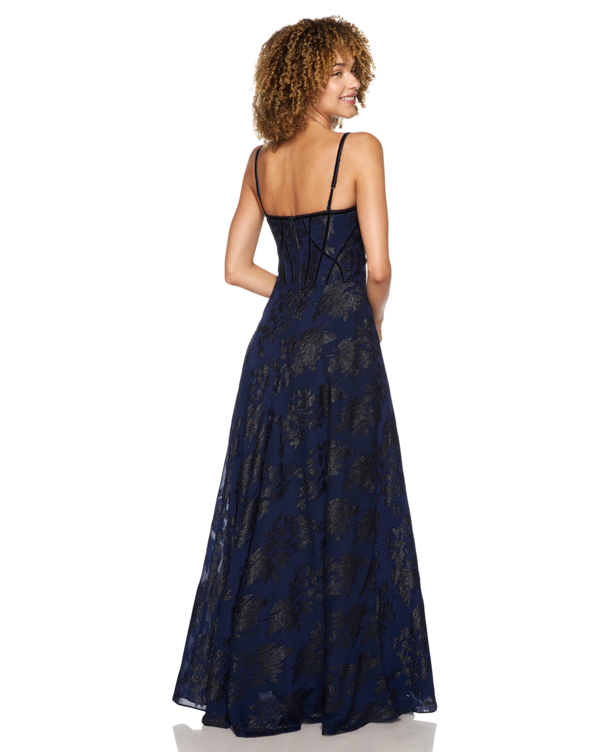 Alex & Sophia Juniors' Floral-Print Chiffon Jacquard Corset Bodice Gown