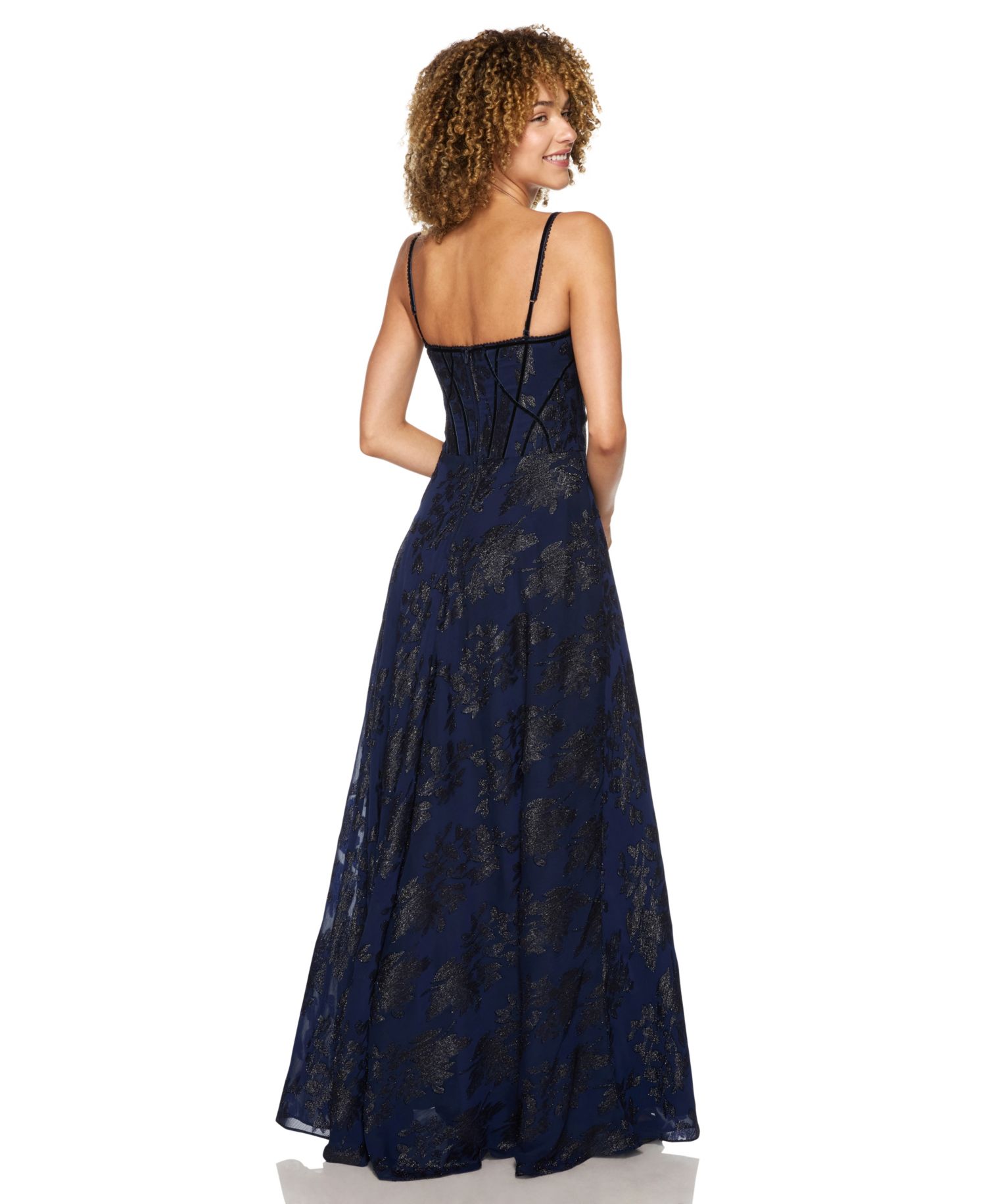 Juniors' Floral-Print Chiffon Jacquard Corset Bodice Gown