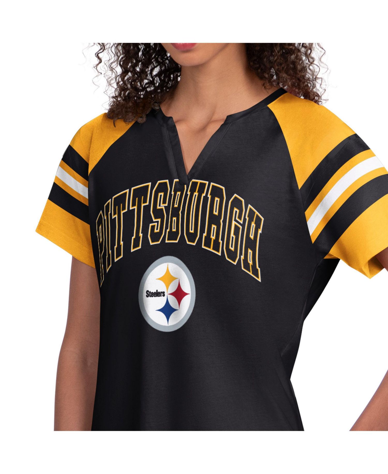 Women's Black Pittsburgh Steelers Game On Notch Neck Raglan T-Shirt