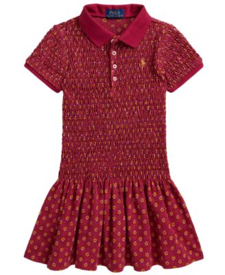 Girls' 2T-6X Floral Smocked Stretch Mesh Polo Dress