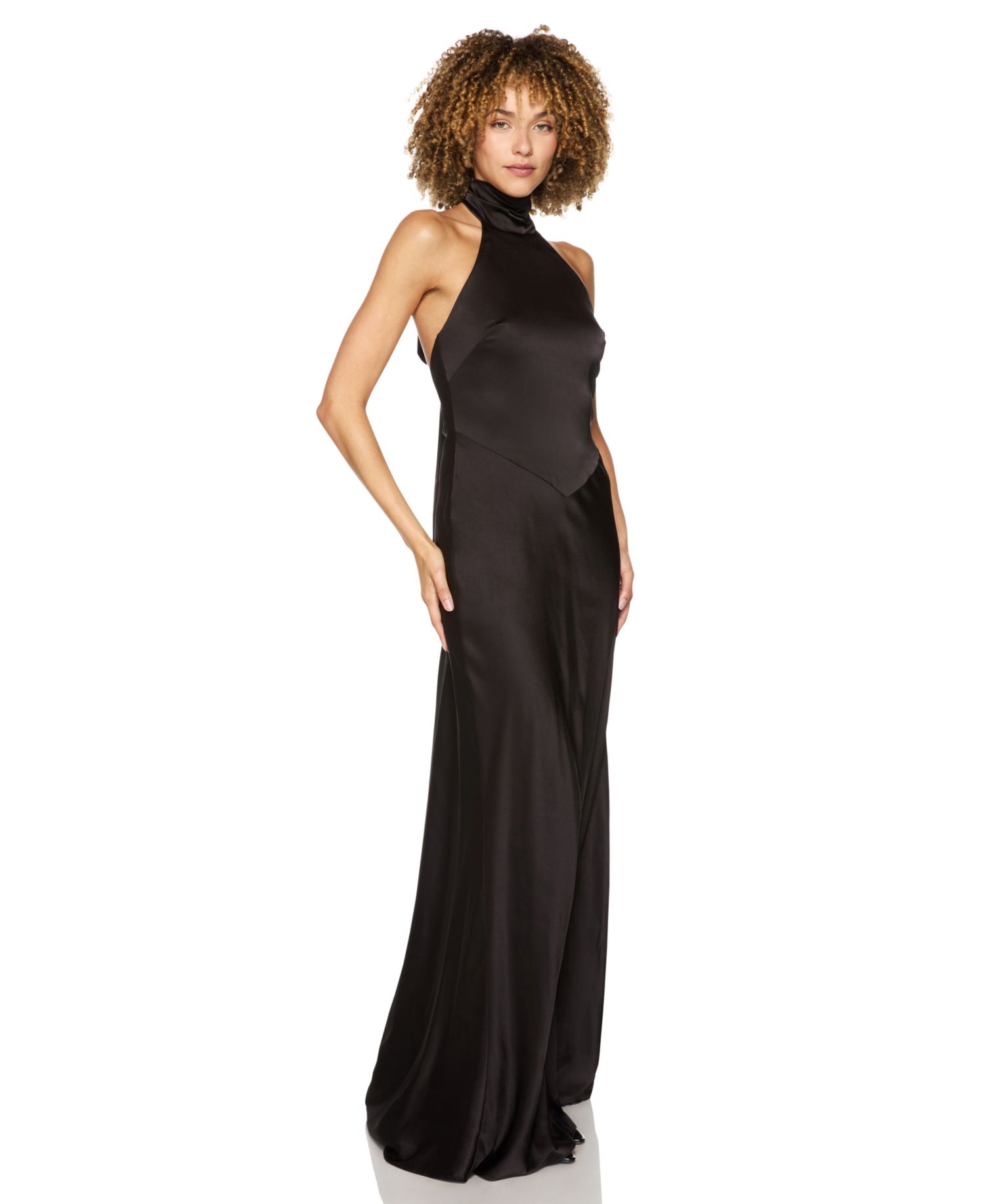 Juniors' Halter-Neck Satin Back-Neck Tie Gown