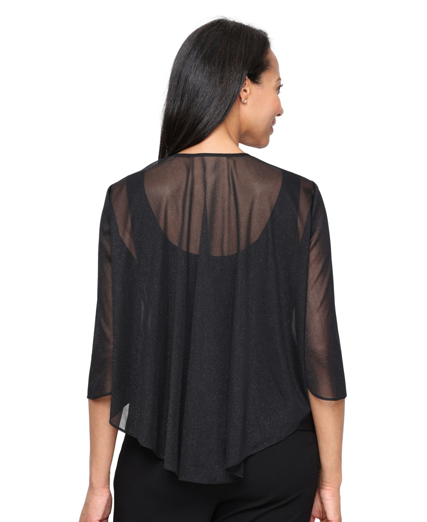 Women's Glitter Mesh 3/4-Sleeve Cascade Detail Coverup