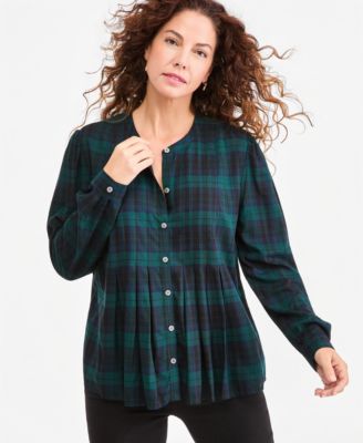 Women's Plaid Long-Sleeve Pleat Front Shirt