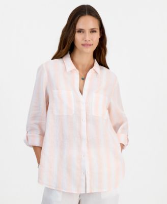 Petite Roll-Tab Loose-Fit Linen Shirt