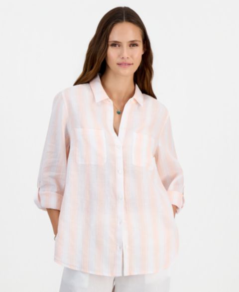 Женская рубашка Charter Club Petite Roll-Tab Loose-Fit Linen, цвет: Пальмовый полосатый розовый