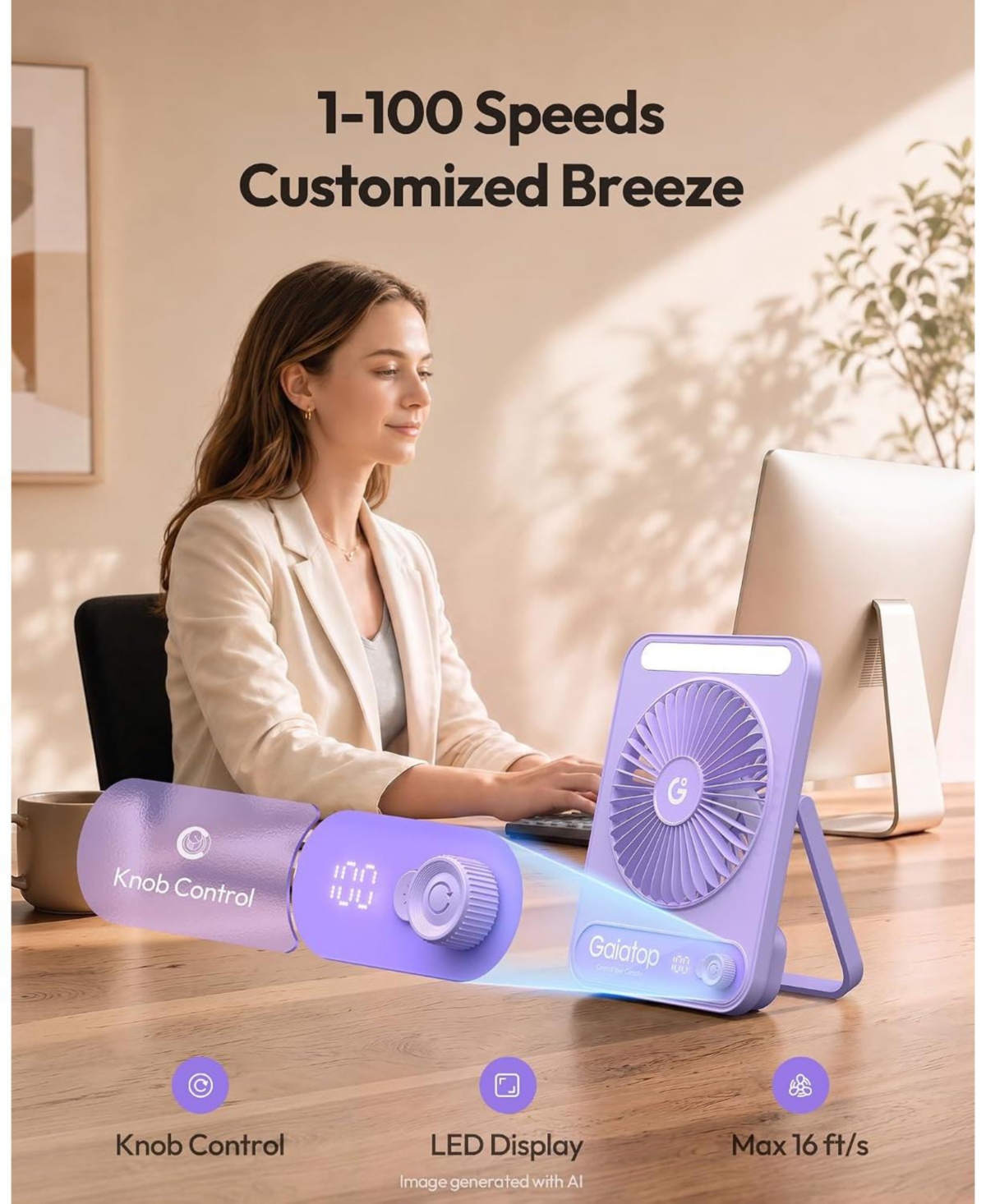 Gaiatop Small Desk Fan, 4000mAh Portable Fan for Travel with 3 Led Light, Max 18 Hrs Desk Fans Quiet for Bedside Desktop, Ultra-Slim Mini Fans.