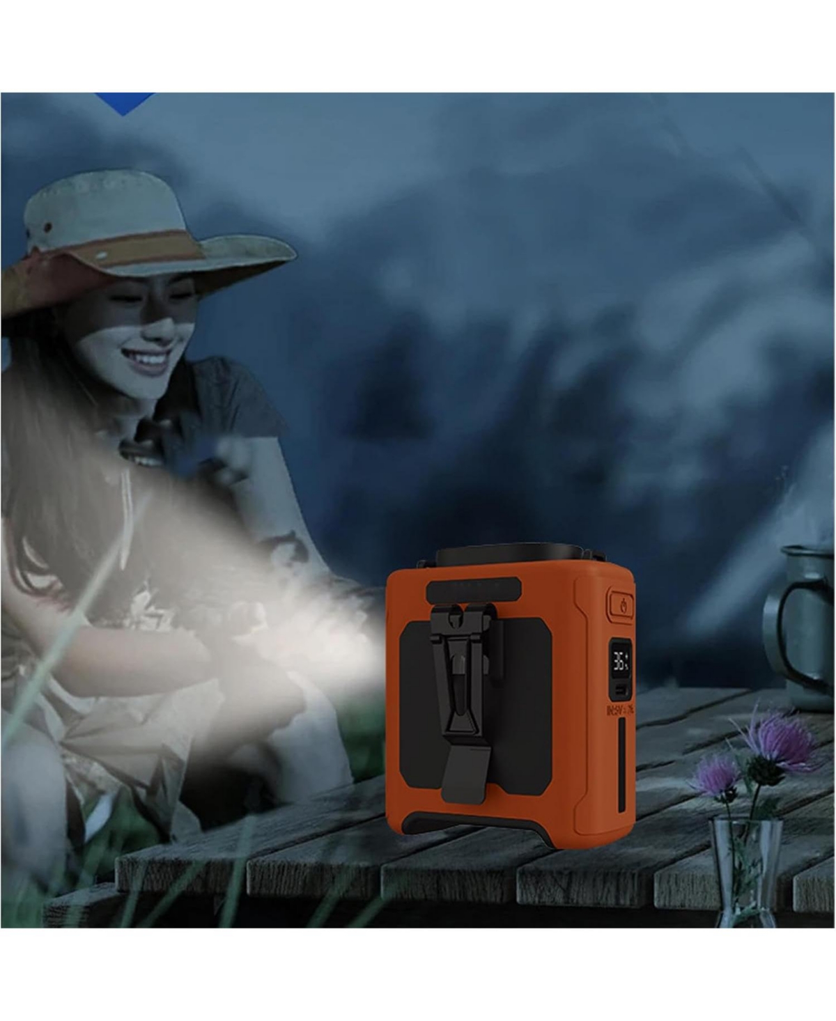 Multifunctional Outdoor Waist Fan with Hanging Hook, Led Light and Rechargeable Battery for Indoor and Outdoor Use, Grey