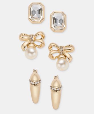 Gold-Tone Faux Pearl and Crystal Bow Trio Stud Earrings