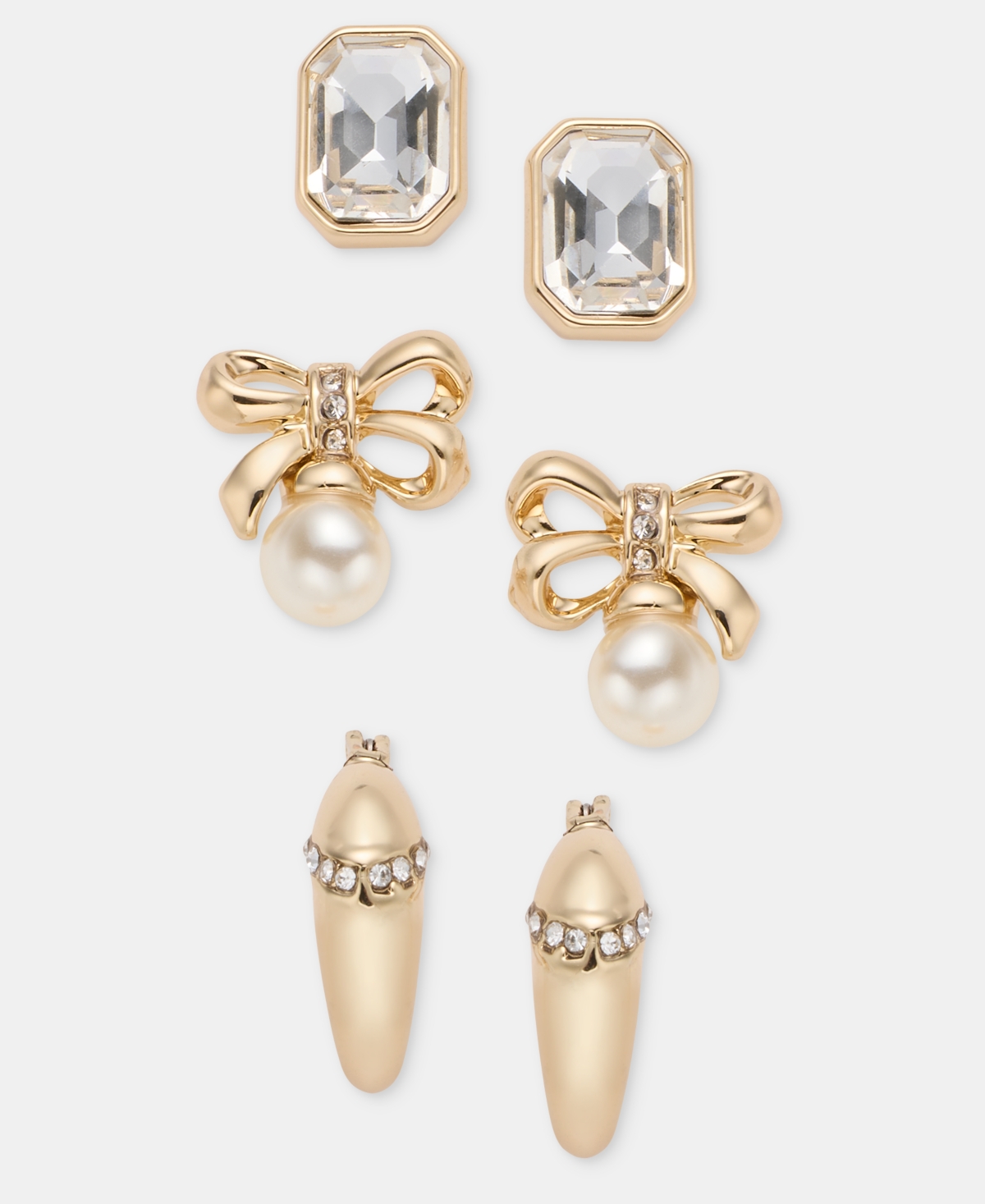 Anne Klein Gold-Tone Imitation Pearl and Crystal Bow Trio Stud Earrings