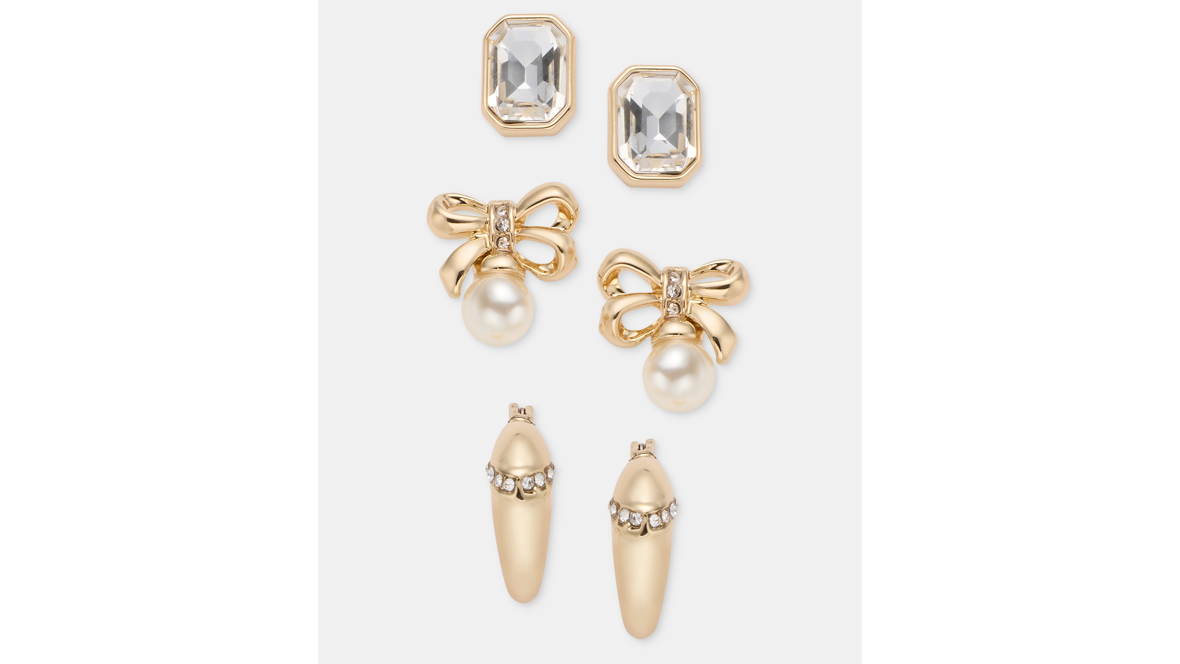 Anne Klein Gold-Tone Imitation Pearl and Crystal Bow Trio Stud Earrings