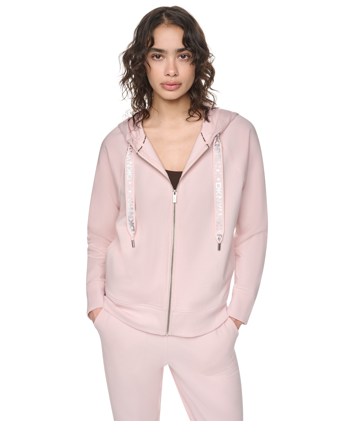 Dkny Sport Women's Two-Tone Zip-Front Long-Sleeve Hoodie - Blush Pink/silver