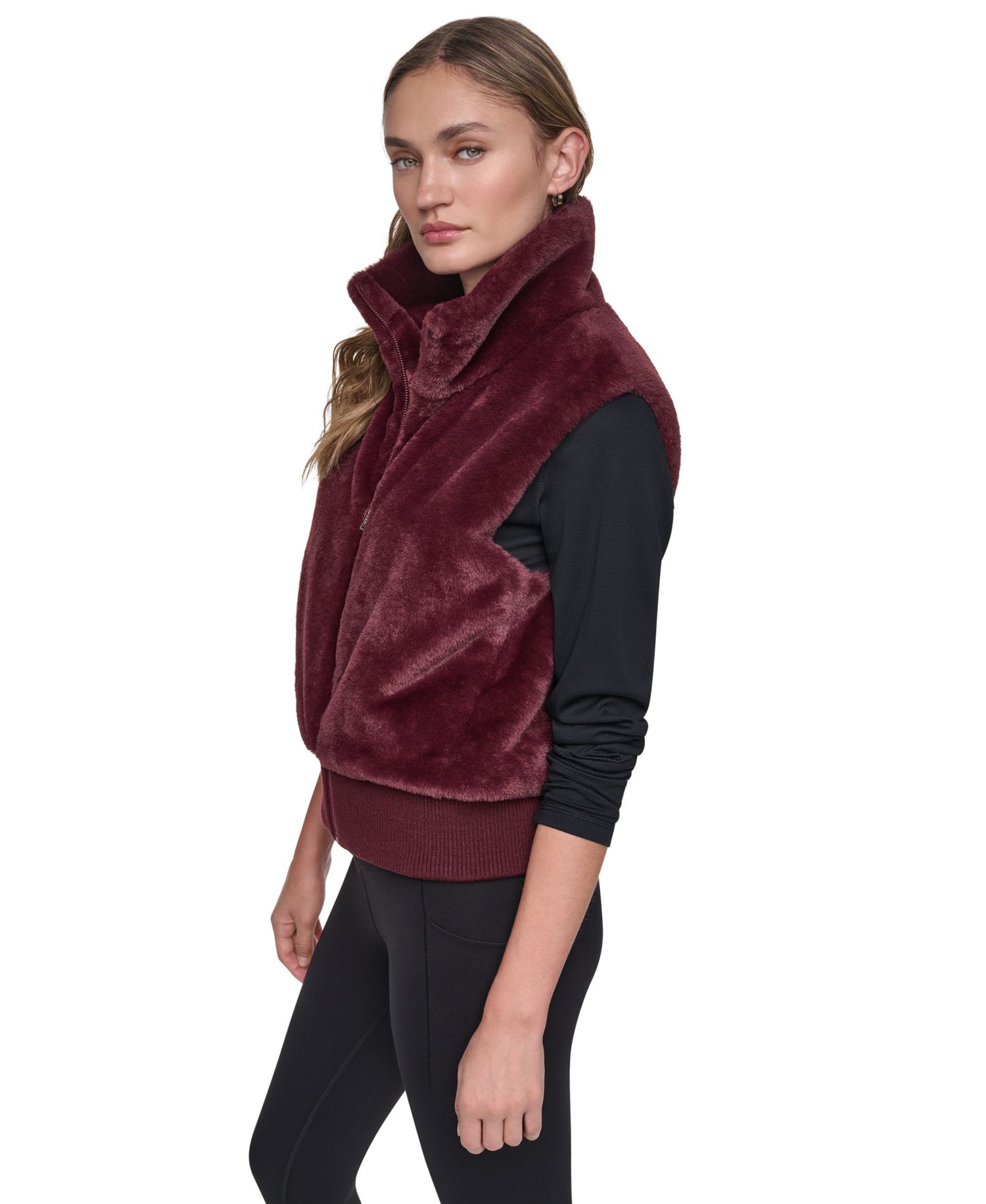 Women's Mock-Neck Ribbed-Knit Hem Faux Fur Vest