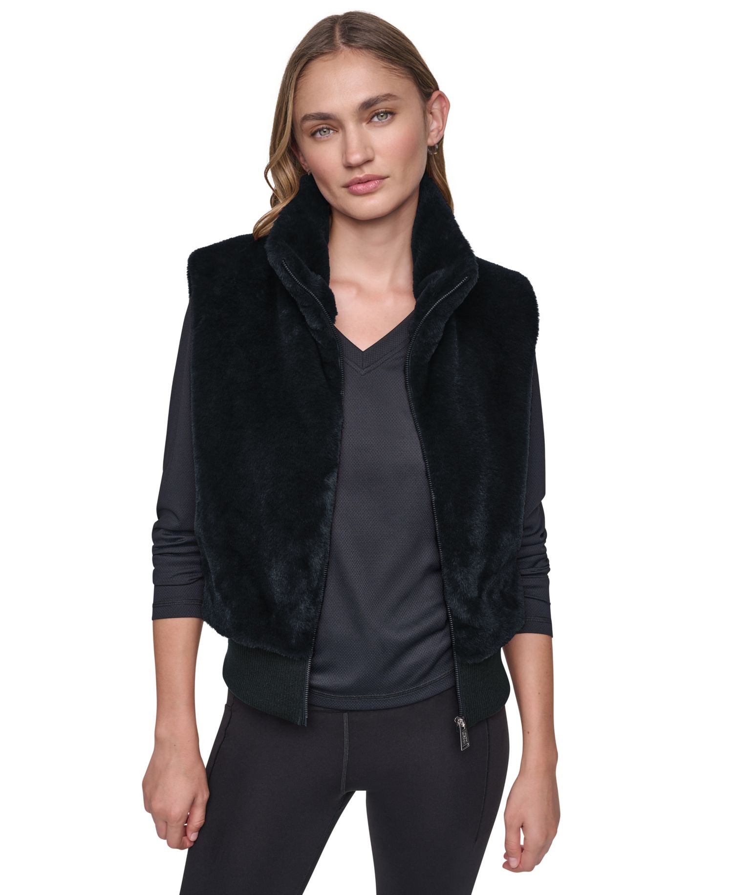 Women's Mock-Neck Ribbed-Knit Hem Faux Fur Vest