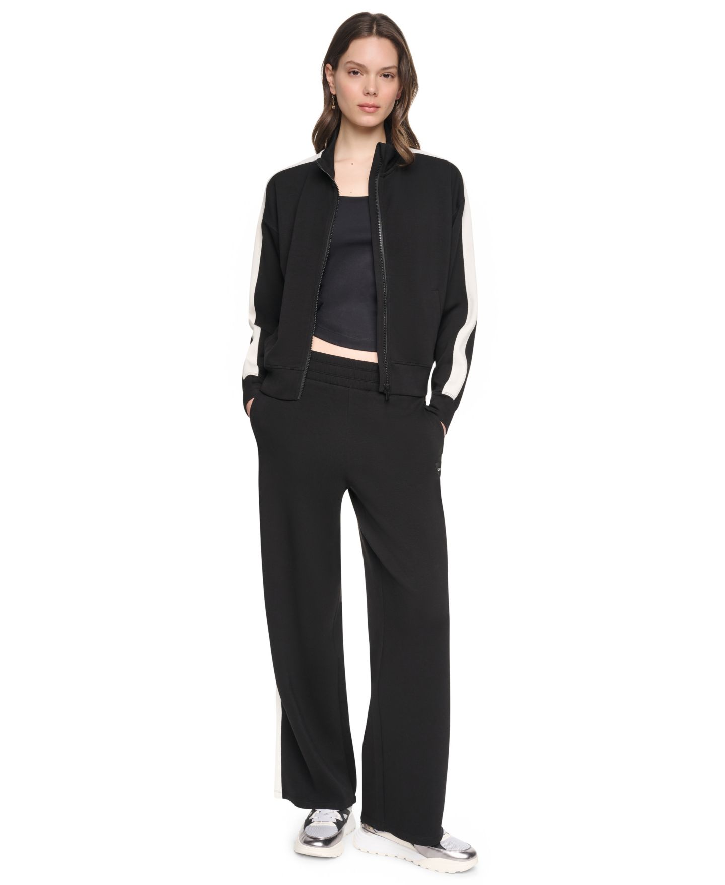 Женские брюки DKNY Sport High-Rise Modified Wide-Leg Side-Stripe, цвет: Чёрный / Сливочный — фото 2