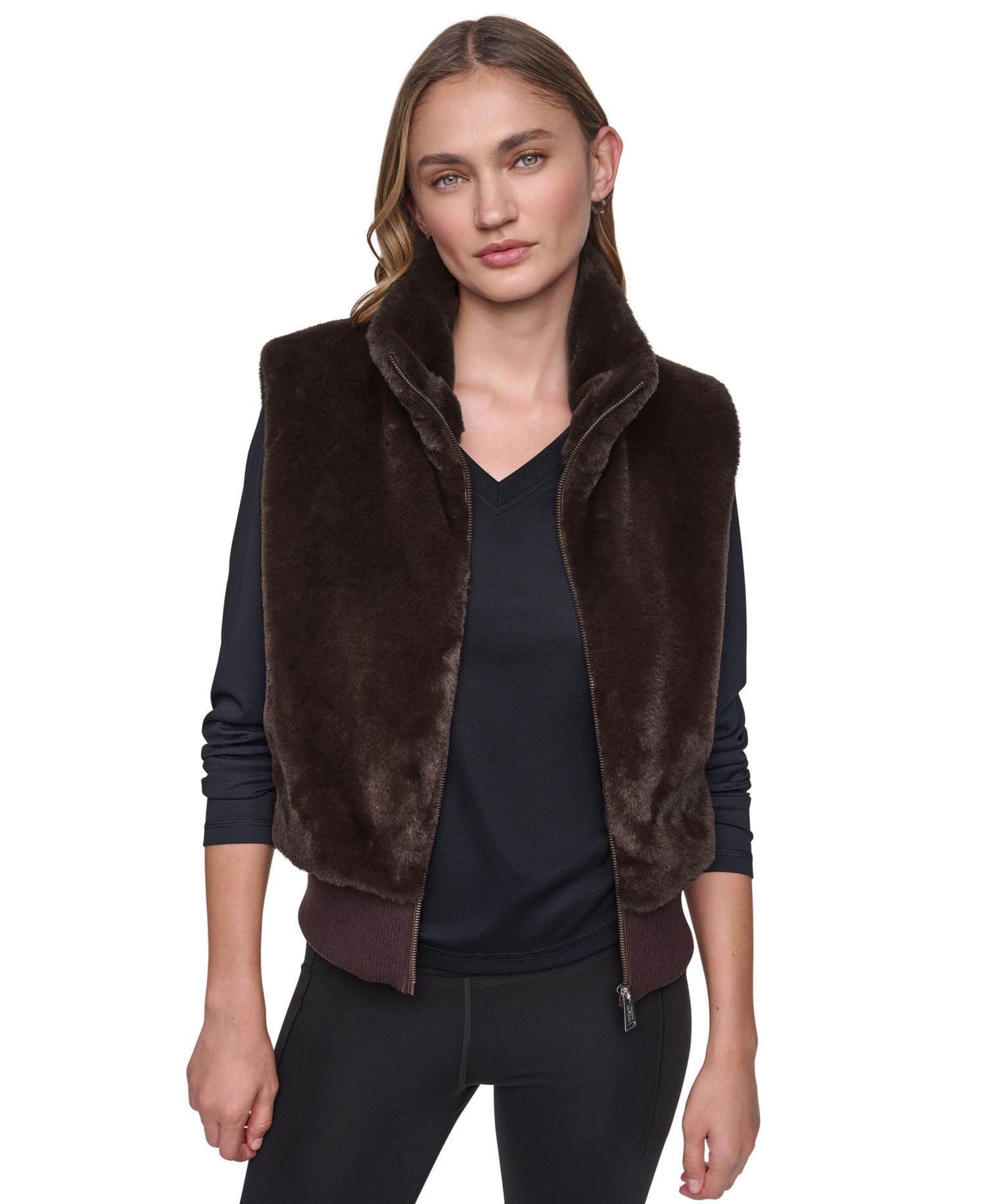 Women's Mock-Neck Ribbed-Knit Hem Faux Fur Vest