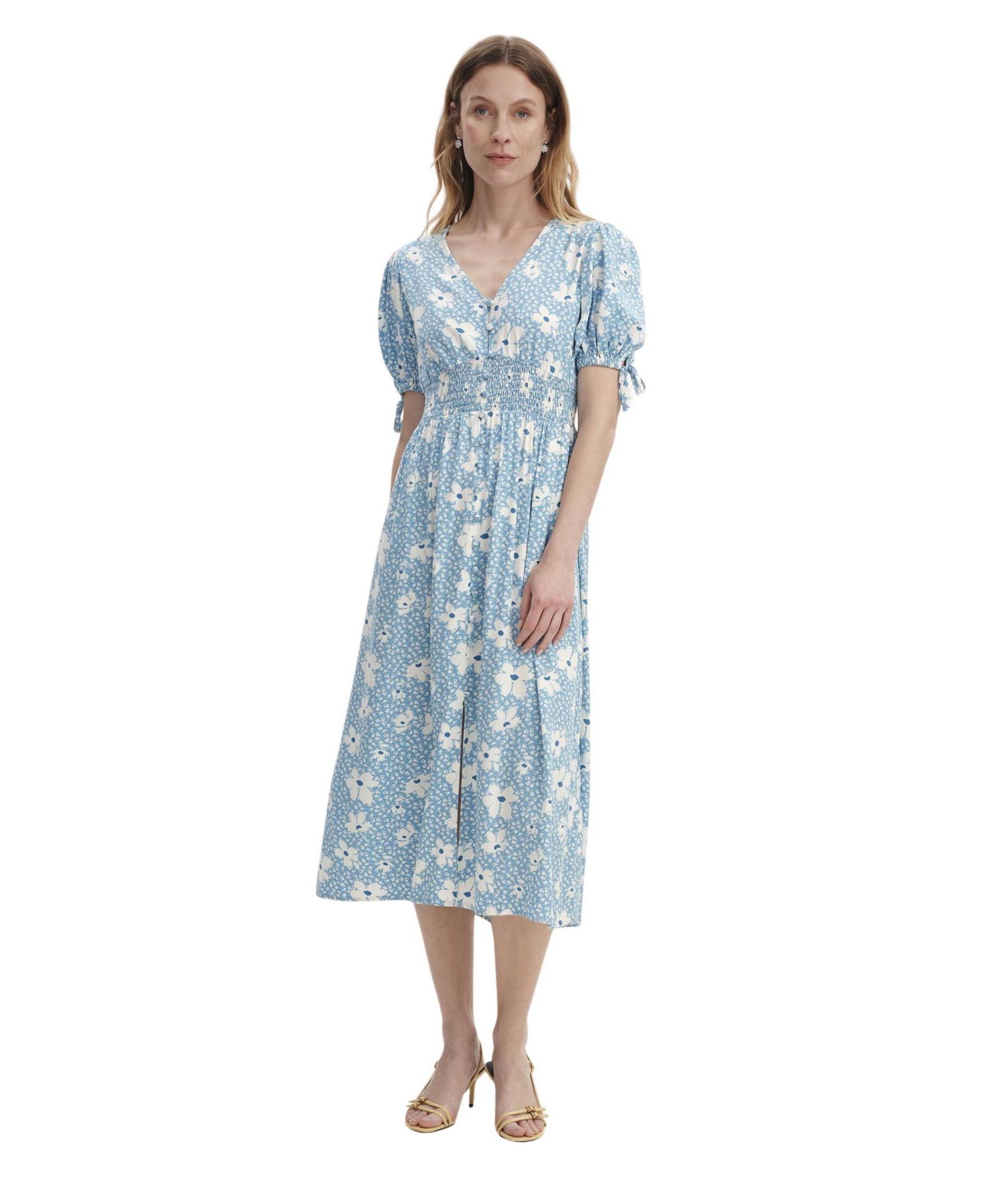 Women's Margot Floral-Print Puff-Sleeve V-Neck Midi Dress