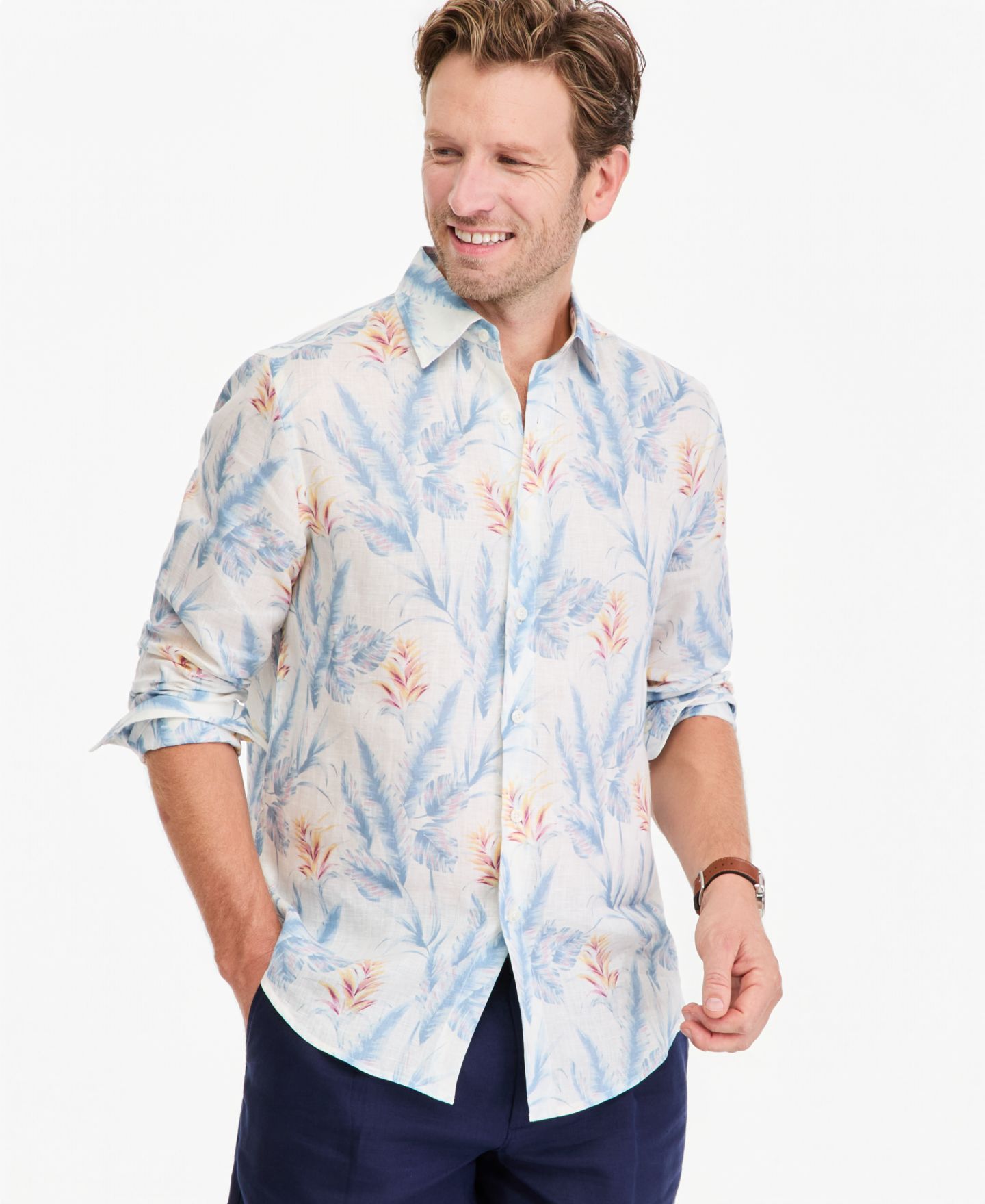 Мужская рубашка Club Room Floral-Print Point Collar Long-Sleeve Linen, цвет: Белый — фото 1