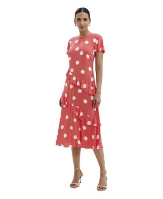 Women's Sierra Polka-Dot Asymmetric-Ruffle Midi Dress