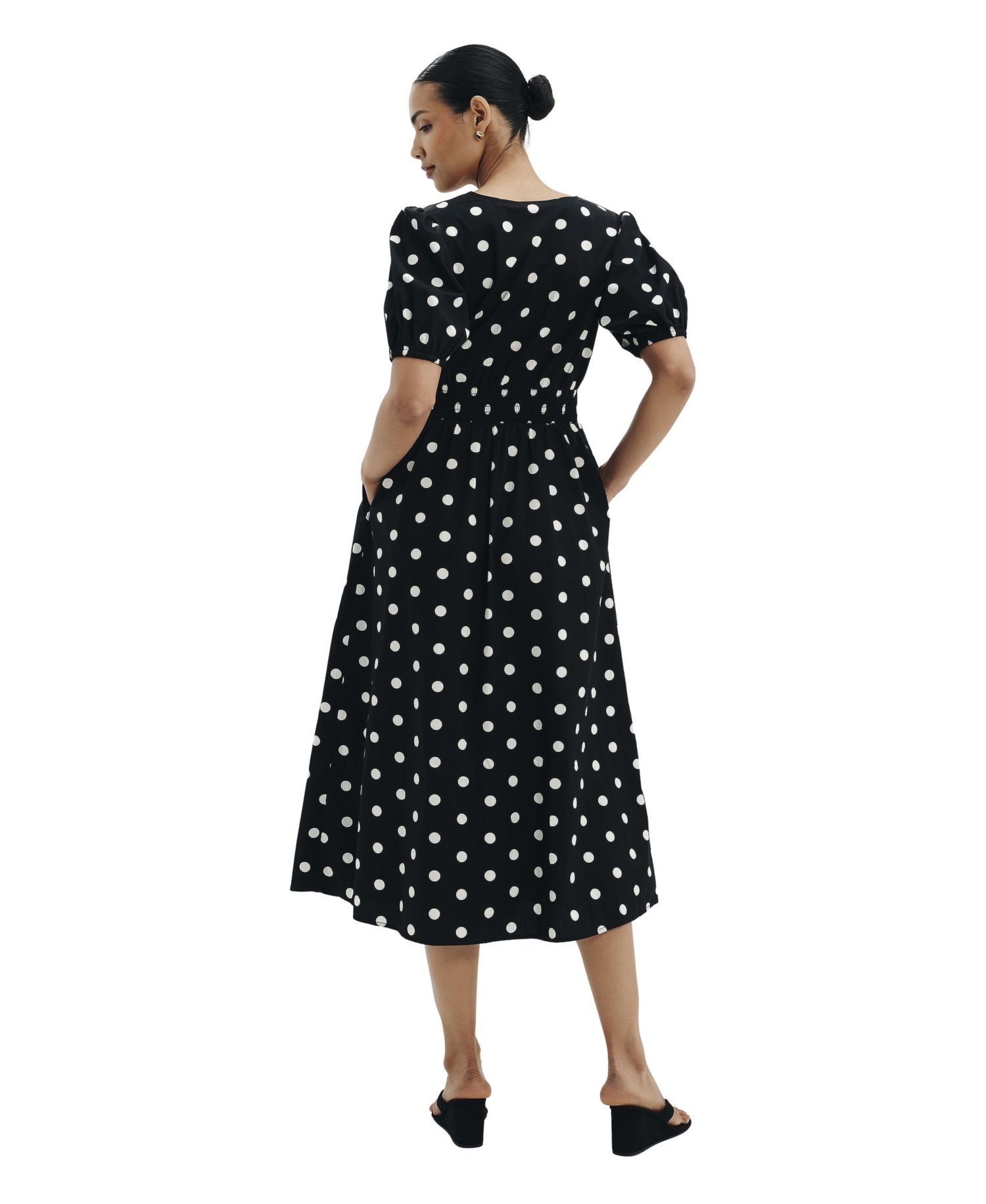 Women's Addison Polka-Dot V-Neck Short Puff-Sleeve Midi Dress