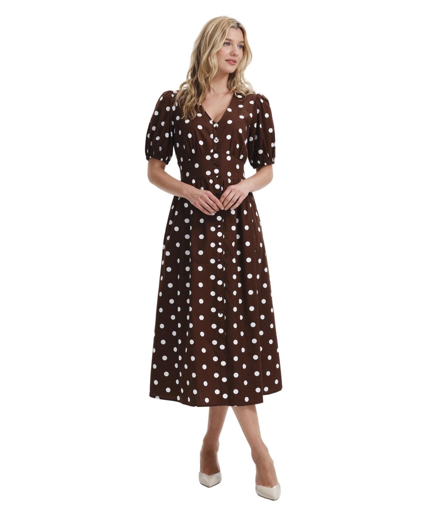Women's Addison Polka-Dot Midi V-Neck Dress
