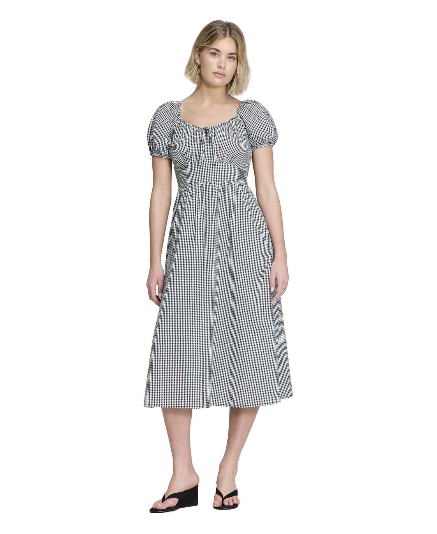 Women's Kaitlyn Gingham Short Puff-Sleeve Sweetheart Midi Dress