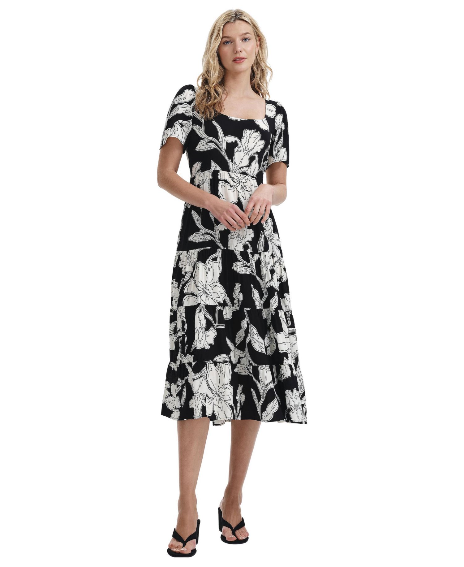 Women's Teresa Tiered Floral-Print Square Neck Midi Dress