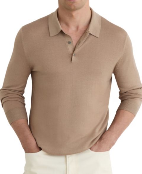 Мужское поло REISS Jay Slim-Fit Pigment-Dyed Merino Wool Long-Sleeve Polo Shirt, цвет: Серо-коричневый коричневый