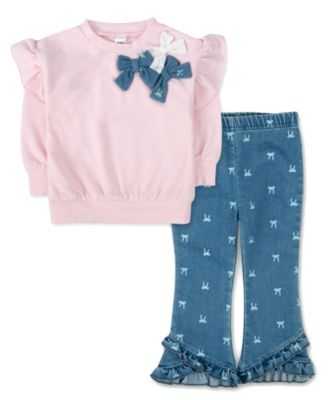 Baby Girls' Bow Cotton-Blend Long-Sleeve Sweatshirt and Flare Pants, 2-Piece Set