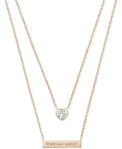 Michael Kors Logo and Crystal Heart Layered Pendant Necklace