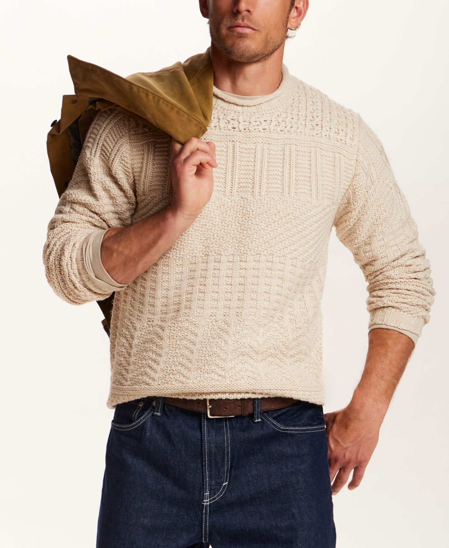 Мужской свитер Weatherproof Vintage Chunky Crew Neck Long-Sleeve Sweater, цвет: Бежевый меланжевый — фото 2