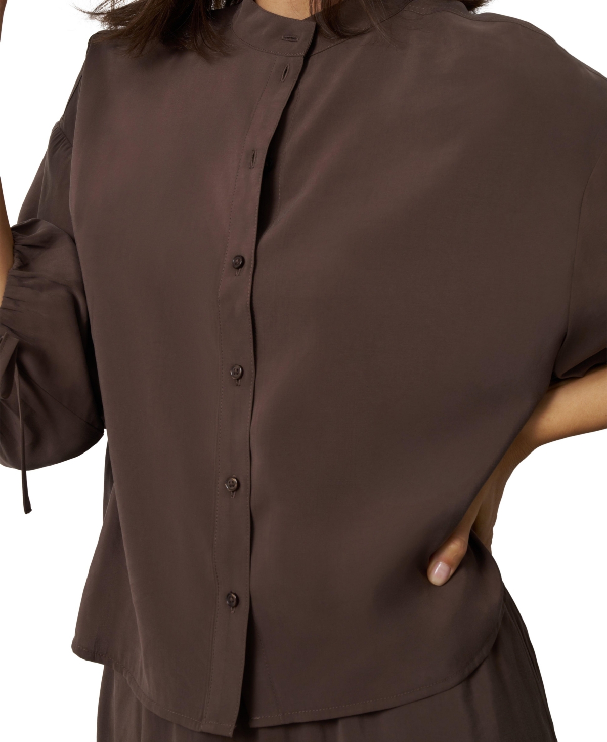 Cable & Gauge Women's 3/4 Balloon-Sleeve Band Collar Relaxed-Fit Blouse