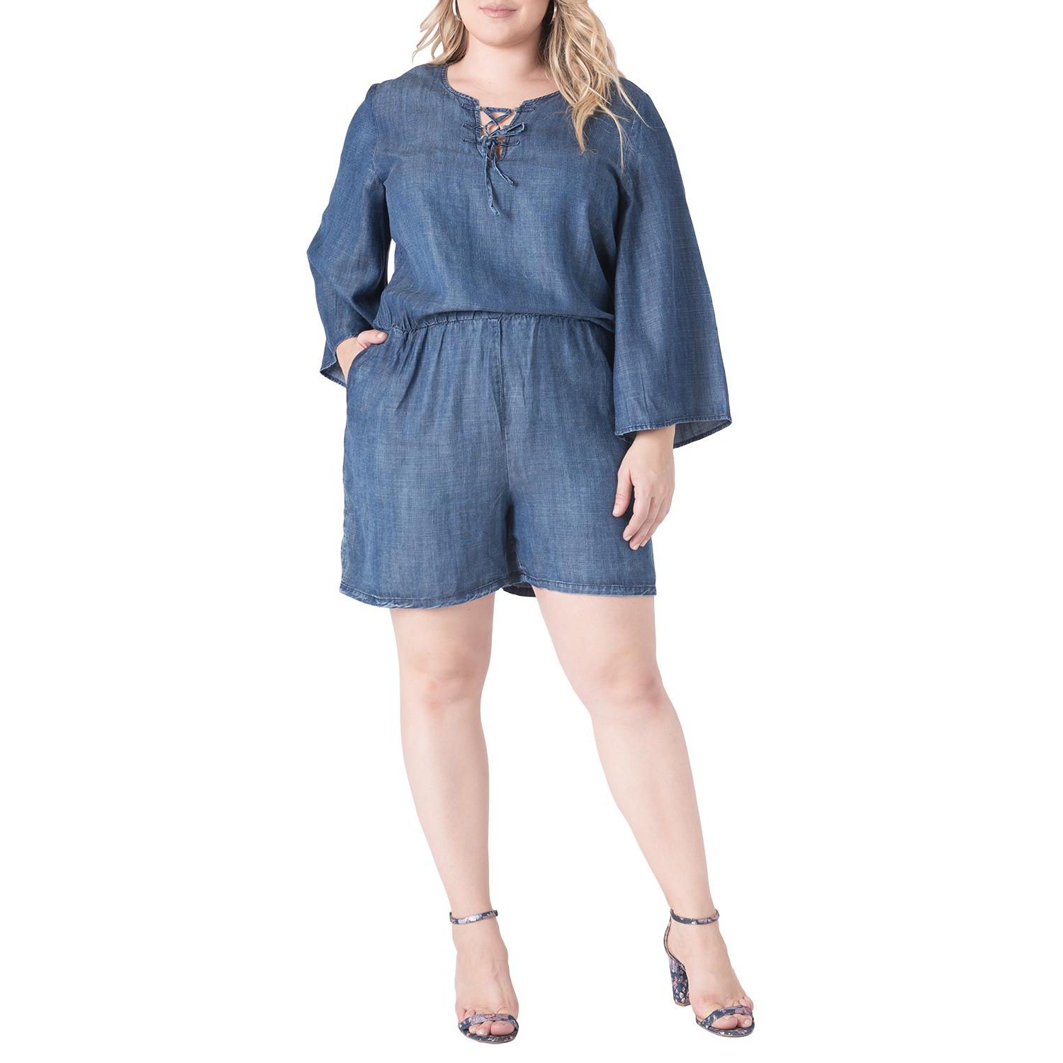 Plus Size Barbie Bell-Sleeve Lace-Up V-Neck Denim Romper