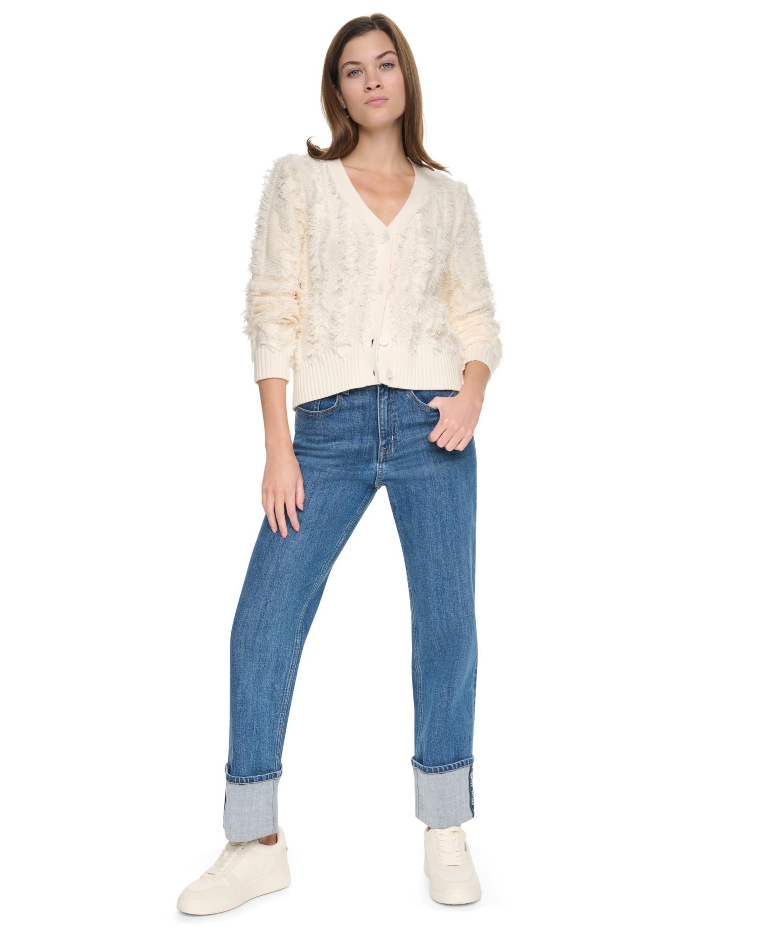 Women's Long-Sleeve V-Neck Fringe-Stitch Cardigan