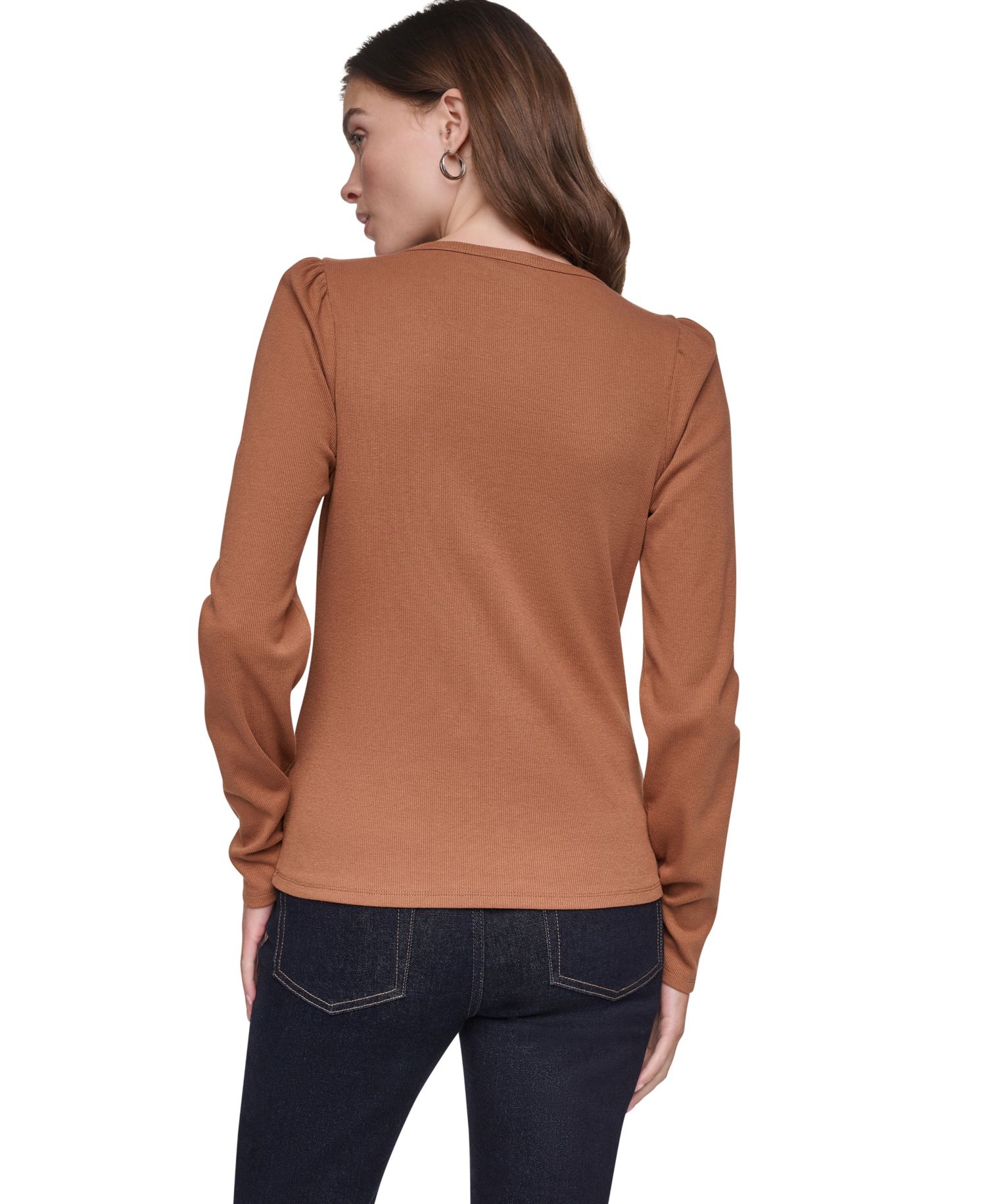 Women's Scoop Neck Long-Puff Sleeve Rhinestud Cotton-Blend Top