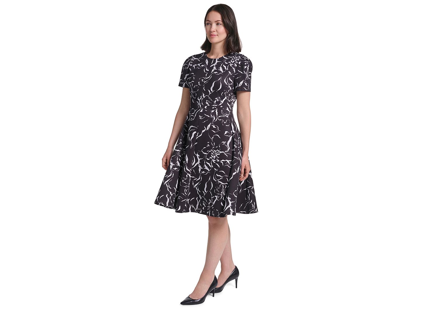 Petite Short-Sleeve Floral-Print Fit & Flare Midi Dress