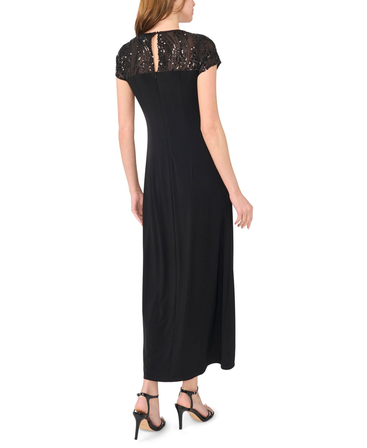 Women's Slit Illusion Sequin-Lace Ruched Maxi Dress