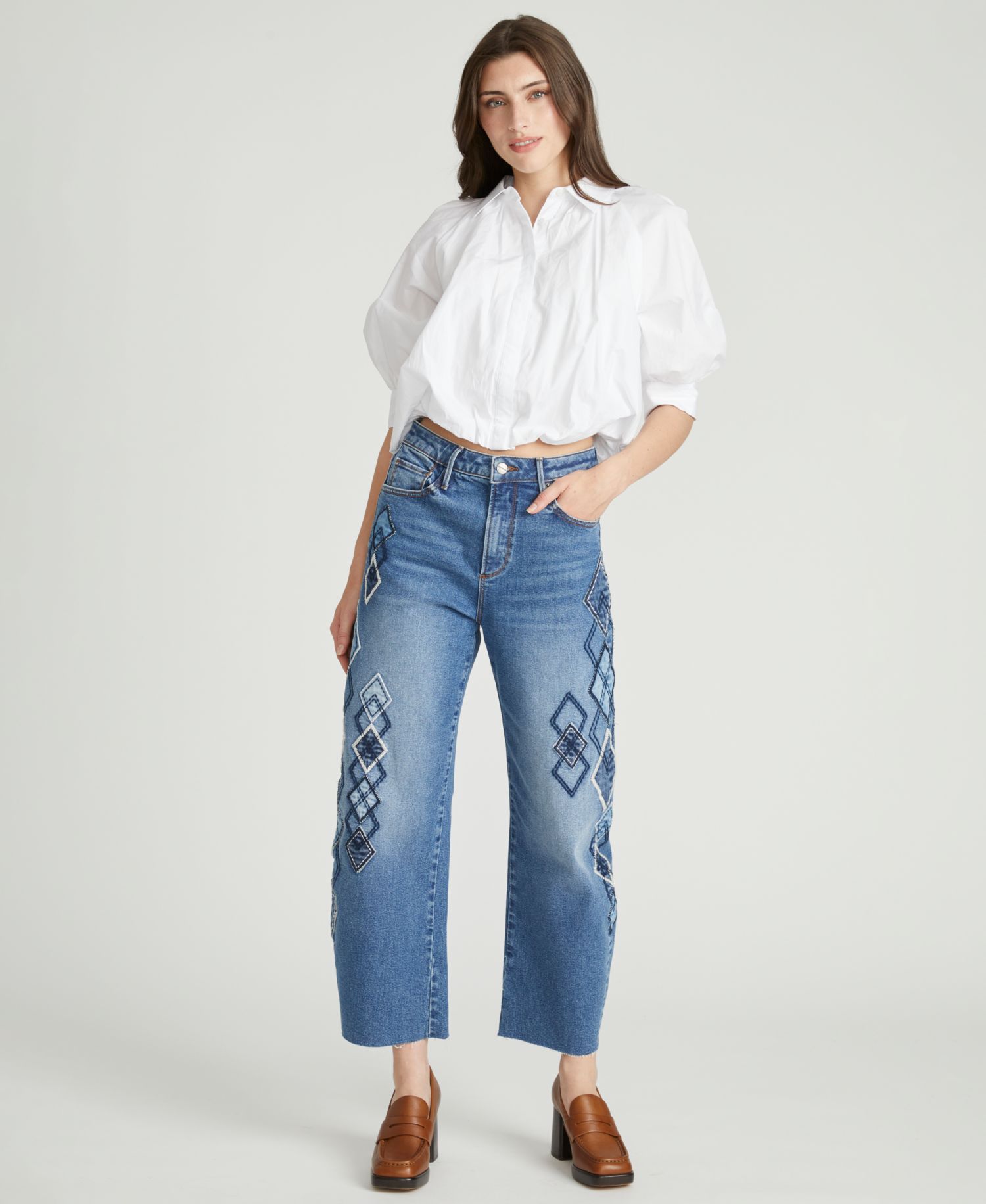 Women's Parker Barrel High-Waisted Argyle Patchwork Jeans