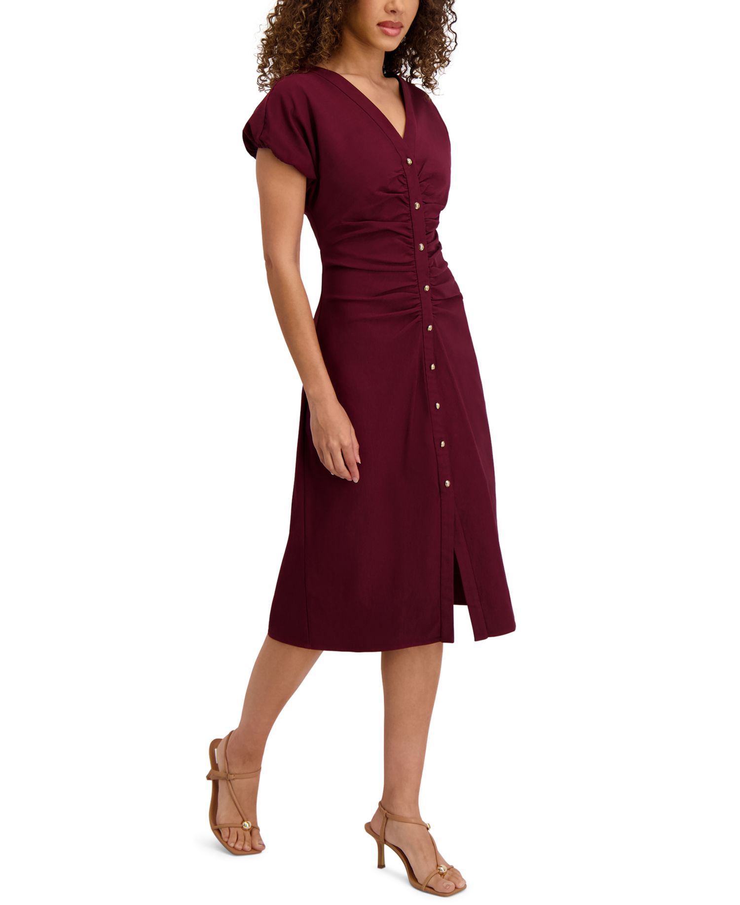 Women's V-Neck Short-Sleeve Midi Shirt Dress