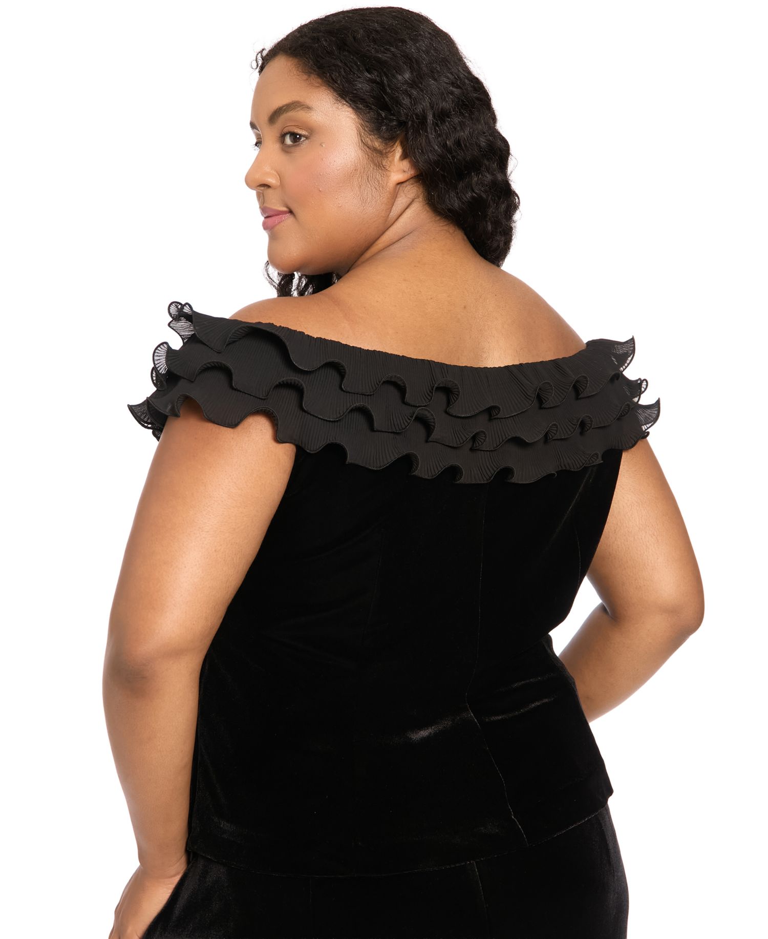 Plus Size Off-the-Shoulder Velvet Ruffle Blouse
