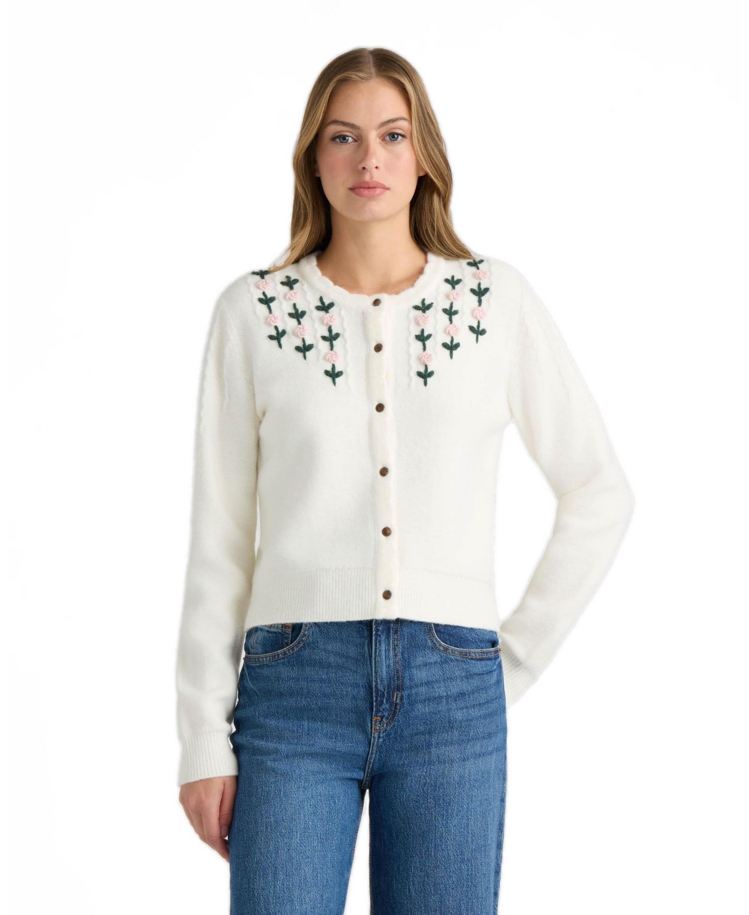 Women's Floral Scalloped Crew Neck Cardigan
