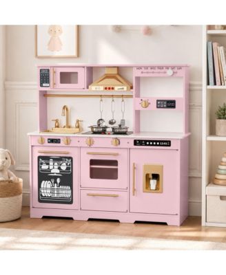 Kids Play Kitchen, Wooden Toy Kitchen Playset for Toddler, Pretend Oven, Microwave, Kitchen Sets for Age 3+